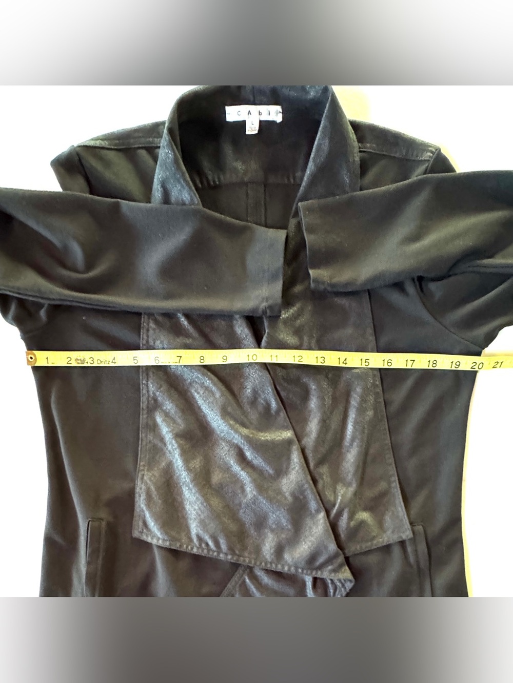 CAbi #527 Black Owens Jacket Waterfall Moto Faux Leather Trim Open Cardigan (L) - Picture 10 of 17